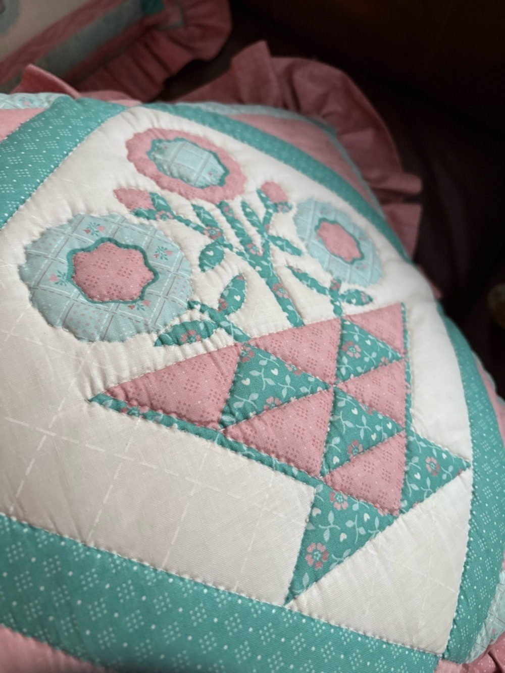 Vintage Quilted Throw Pillows | Set of 2 | Floral Basket & Wreath Appliqué - Picture 8 of 8
